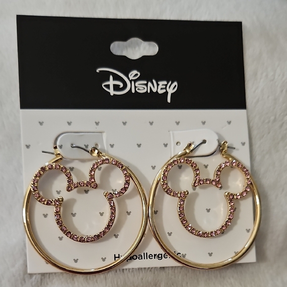 Disney Jewelry - Disney Mickey Mouse Silhouette Hoop Earrings Gold Tone Enamel Pink Gems Clicktop